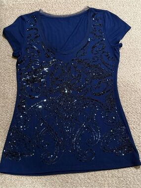 Cache Navy Sequin Scoop Neck Top